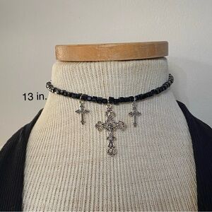 Elegant Black Beaded Cross Choker Necklace